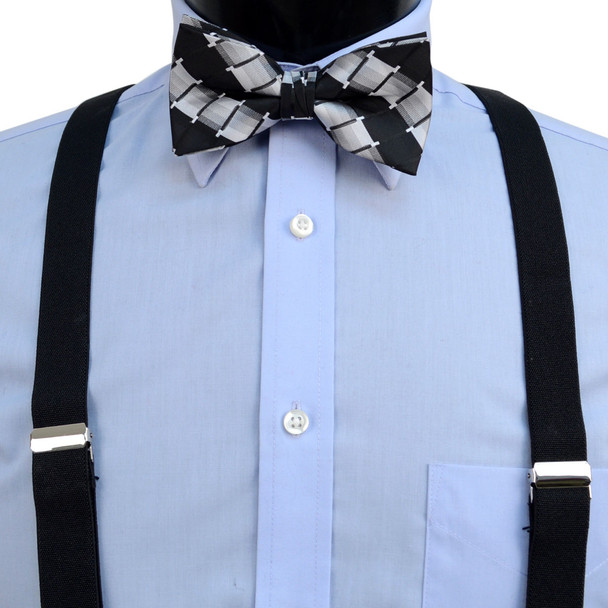 3pc Men's Black Clip-on Suspenders, Bow Tie & Hanky Sets - FYBTHSU-BLK#1