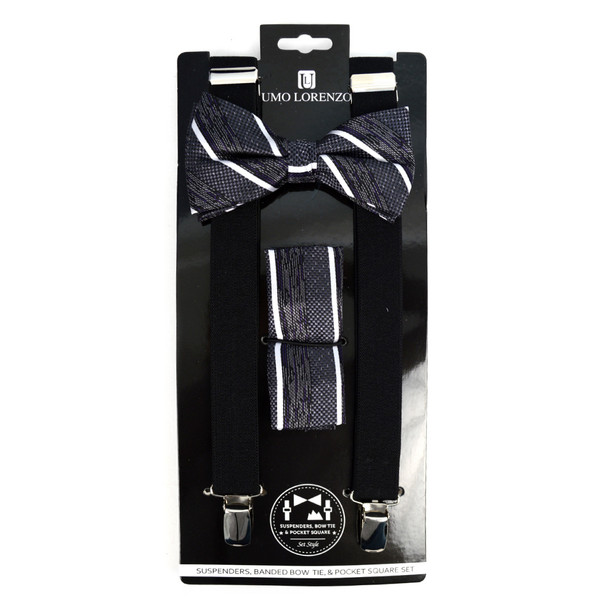 3pc Men's Black Clip-on Suspenders, Striped Bow Tie & Hanky Sets - FYBTHSU-BLK#2