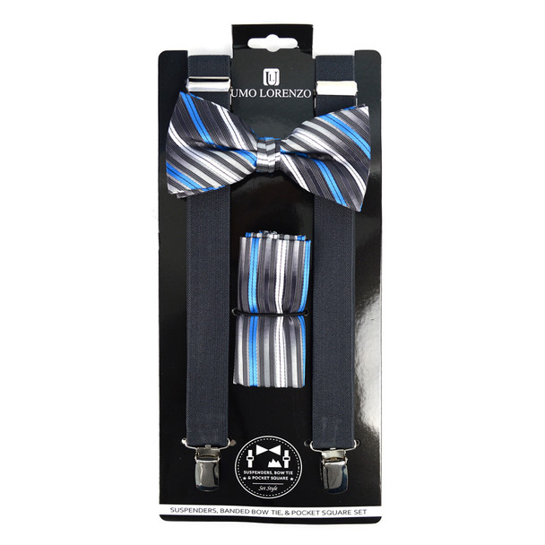 3pc Men's Charcoal Clip-on Suspenders, Striped Bow Tie & Hanky Sets - FYBTHSU-CHAR#2