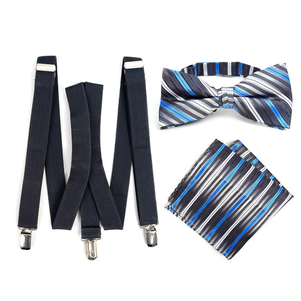 3pc Men's Charcoal Clip-on Suspenders, Striped Bow Tie & Hanky Sets - FYBTHSU-CHAR#2