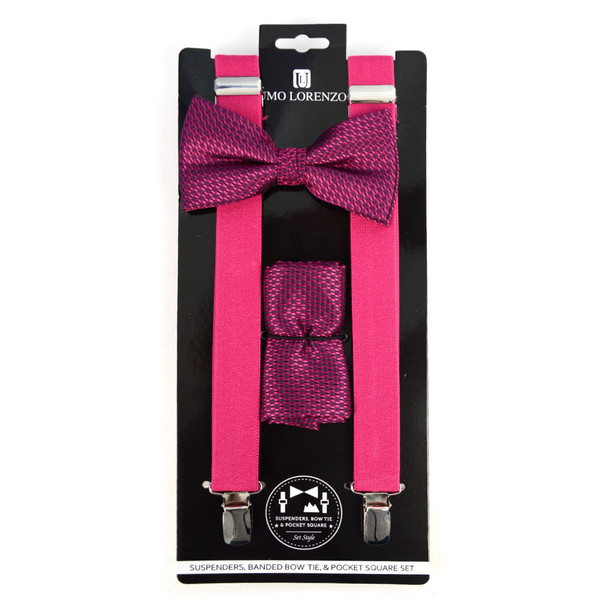 3pc Men's Fuchsia Clip-on Suspenders, Dots Bow Tie & Hanky Sets - FYBTHSU-FA#1