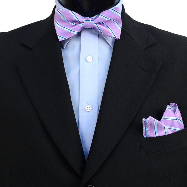 3pc Men's Lavender Clip-on Suspenders, Striped Bow Tie & Hanky Sets - FYBTHSU-LAV#2