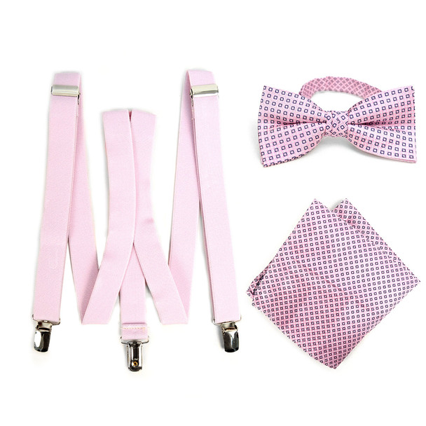 3pc Men's Pink Clip-on Suspenders, Dots Bow Tie & Hanky Sets - FYBTHSU-PK#1