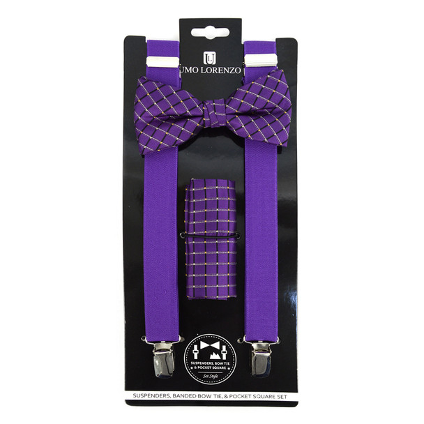 3pc Men's Purple Clip-on Suspenders, Plaid Bow Tie & Hanky Sets - FYBTHSU-PUR#1