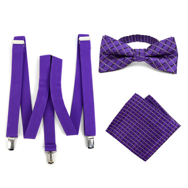 3pc Men's Purple Clip-on Suspenders, Plaid Bow Tie & Hanky Sets - FYBTHSU-PUR#1