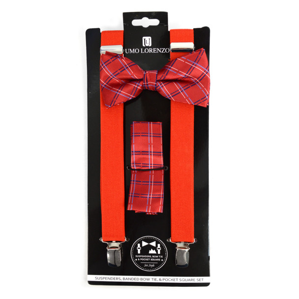 3pc Men's Red Clip-on Suspenders, Plaid Bow Tie & Hanky Sets - FYBTHSU-RD#1