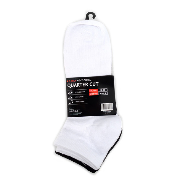 5 Pairs Men's Quarter Cut White & Black Socks Pack - AK5PKASTD-BLK/WHT