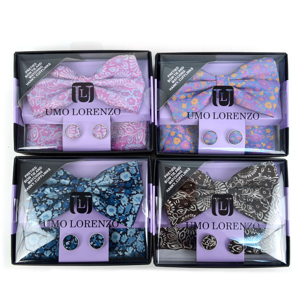 12pc Pack Assorted Men's Floral Bow Tie, Cufflinks & Matching Hanky - BTHC9000FLR