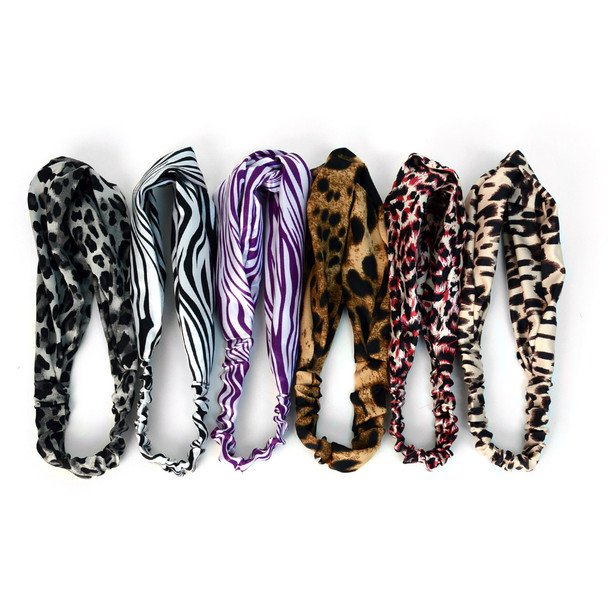 12pc Assorted Ladies Criss Cross Animal Print Summer Headbands - 12EHB1005-AP