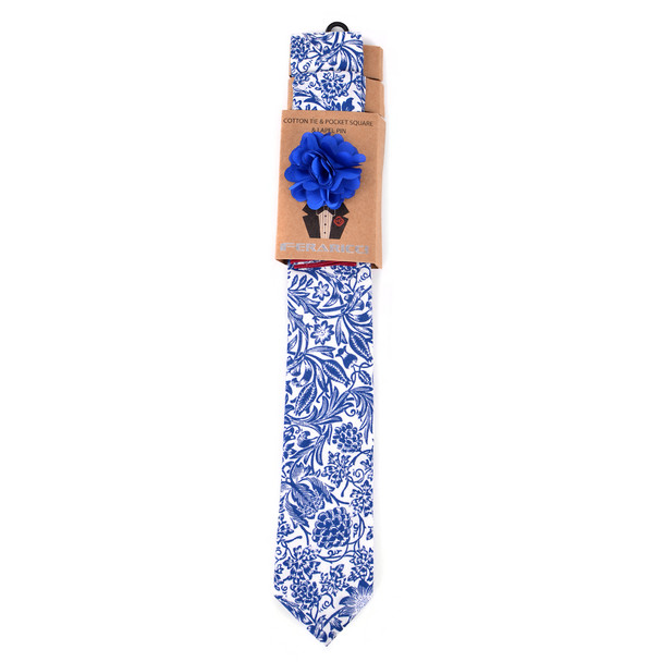 Men's Paisley Floral Cotton Skinny Tie w/ Hanky and Flower Lapel Pin - CTHL1706