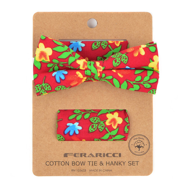 Men's Bright Floral Cotton Bow Tie & Hanky Set - CTBH1738