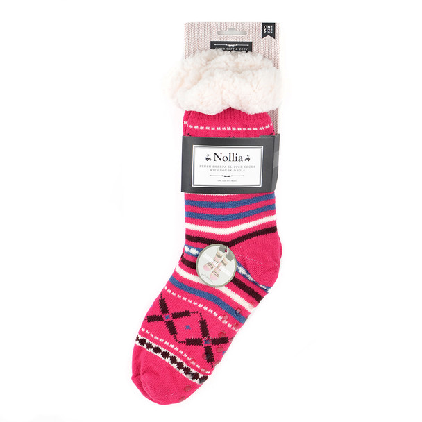 Women's Plush Sherpa Winter Fleece Lining Pink Slipper Socks - WFLS1007