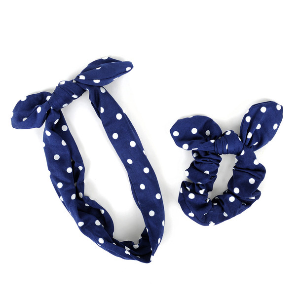 6pc Polka Dot Elastic Head Band with Matching Scrunchy Bow Set