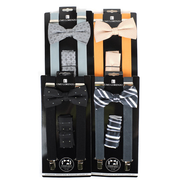 12pc Assorted Men's Clip-on Suspenders, Patterned Bow Tie and Hanky Sets FYBTHSU/12ASST