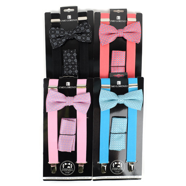 12pc Assorted Men's Clip-on Suspenders, Patterned Bow Tie and Hanky Sets FYBTHSU/12ASST