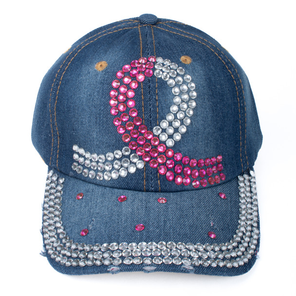 Denim Breast Cancer Awareness Ribbon Crystal Bling Cap- CP9596