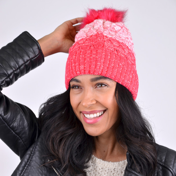 Women's Split-Toned Pom Pom Knit Winter Hat - LKH5033