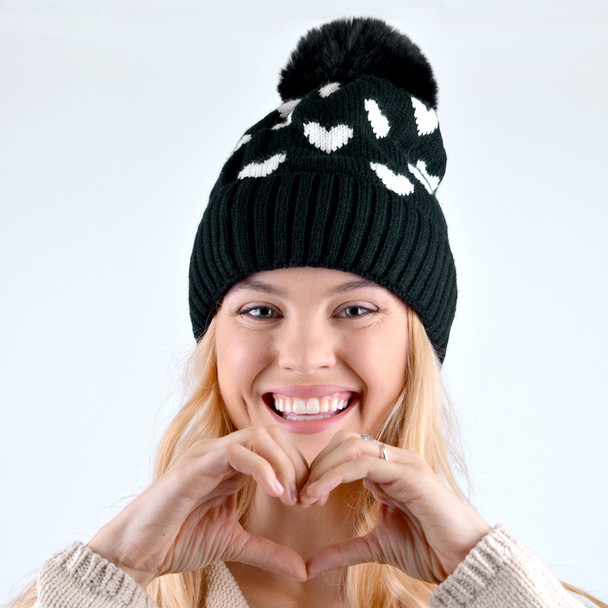 Women's Hearts and Pom Pom Knit Winter Hat - LKH5032