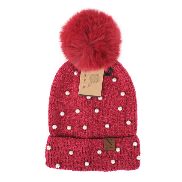 Women's  Pom Pom & Pearls Knit Winter Hat  - LKH5034