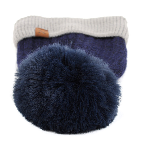 Women's  Pom Pom Two-Tone Knit Winter Hat  - LKH5035