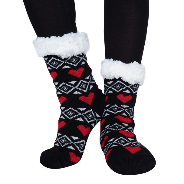 Women's Plush Sherpa Winter Fleece Lining Heart Slipper Socks - WFLS1026-BK