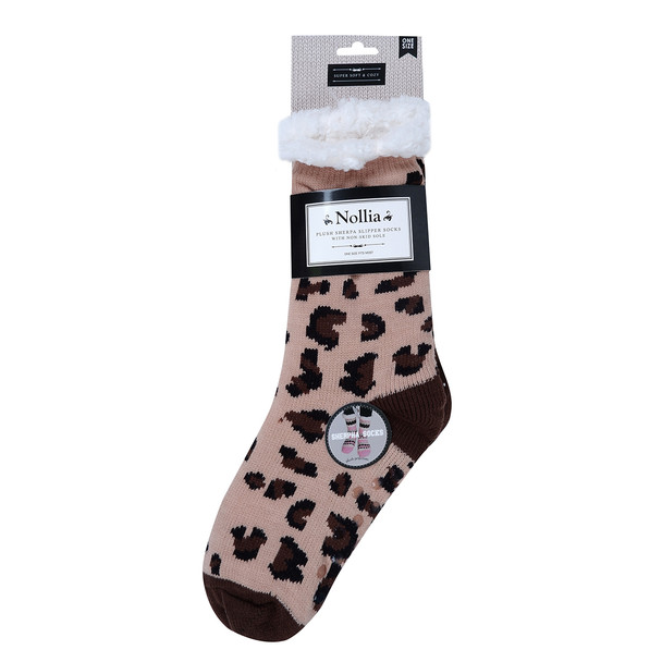 Women's Sherpa Fleece Lining Brown Leopard Slipper Socks - WFLS1023-BR