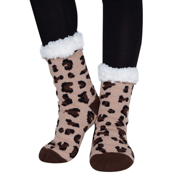 Women's Sherpa Fleece Lining Brown Leopard Slipper Socks - WFLS1023-BR