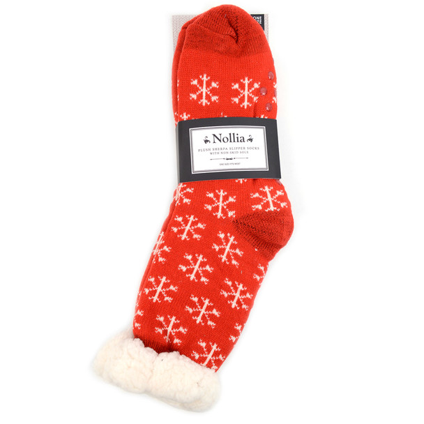 Women's Plush Sherpa Winter Fleece Lining Red Snowflakes Slipper Socks - LPS1002