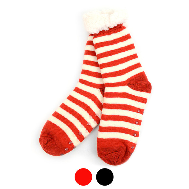 Women's Plush Sherpa Winter Fleece Lining Striped Slipper Socks - LPS1004