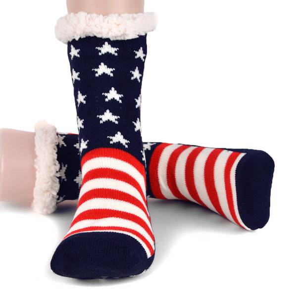 Women's Plush Fleece Lined American Flag Sherpa Slipper Socks - WFLS1013-AF