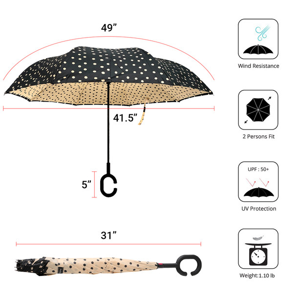 Polka Dot Reverse Open Inverted Umbrella- IUM18111-BK/WHT