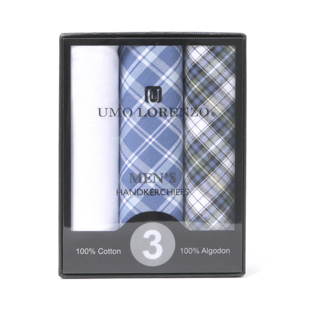 3pcs Men's Cotton Solid & Plaid  Blue Handkerchiefs box- MFB1755