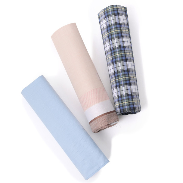 3pcs Men's Cotton peach, Blue Plaid & Sky Blue  Handkerchiefs box-MFB1803