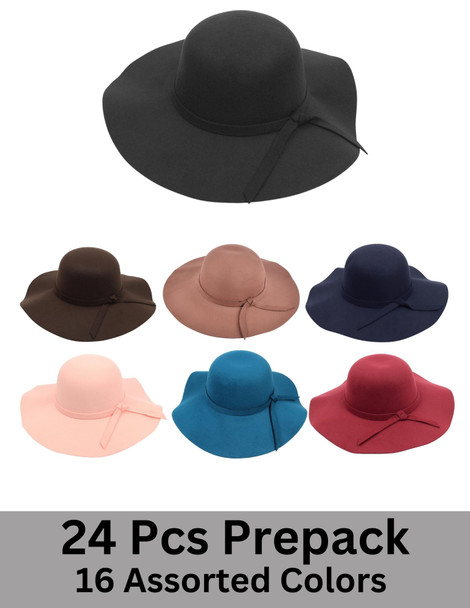 24 Pcs Prepack Women Polyester Felt Wide Brim Hat -LWH10057-ASST