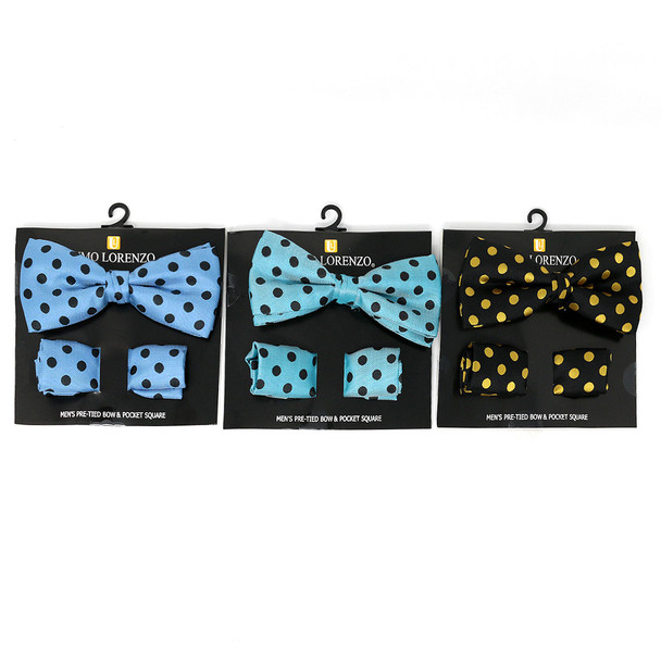 12 Pc Assorted Big & Tall Polka Dot Banded Bow tie and Matching Hanky set- 12BTH6001