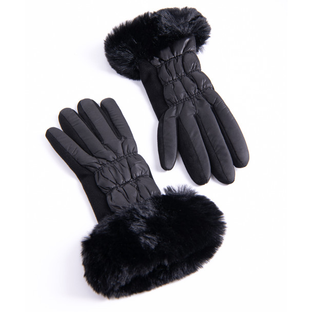 Ladies fabric padded with faux fur winter glove, one size-LWG45-BK