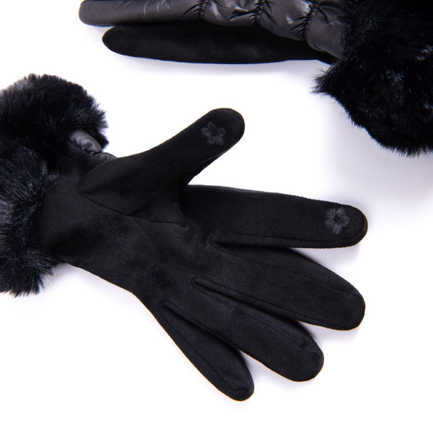 Ladies fabric padded with faux fur winter glove, one size-LWG45-BK