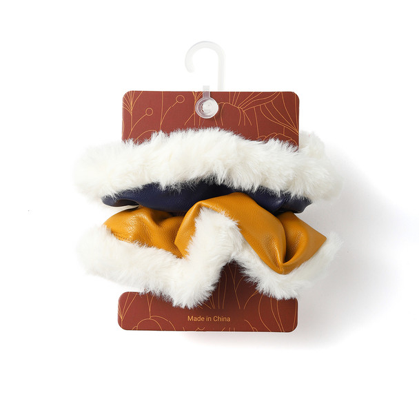 2pc Faux Leather and Fur Scrunchie Set (Navy/Mustard) - 2SHS-PU-4