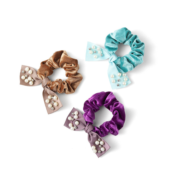 3pc Shiny Velvet Scrunchie with Pearl Ribbon - 3SHS-BOW-6