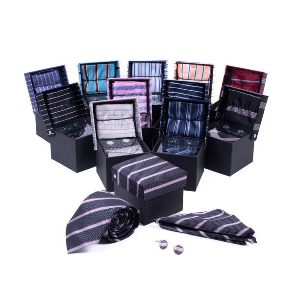 12pc Assorted Pack Boxed Poly Woven Tie, Hanky & Cufflink Set for S/S - PWFB5000-SS 