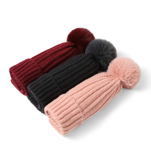 Ladies Ribbed Winter Hat with Fleece Lining and Pom - LKH5045