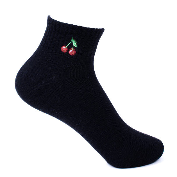 Ladies' Low Cut Cherry Embroidery Ribbed Socks-LNVS3002