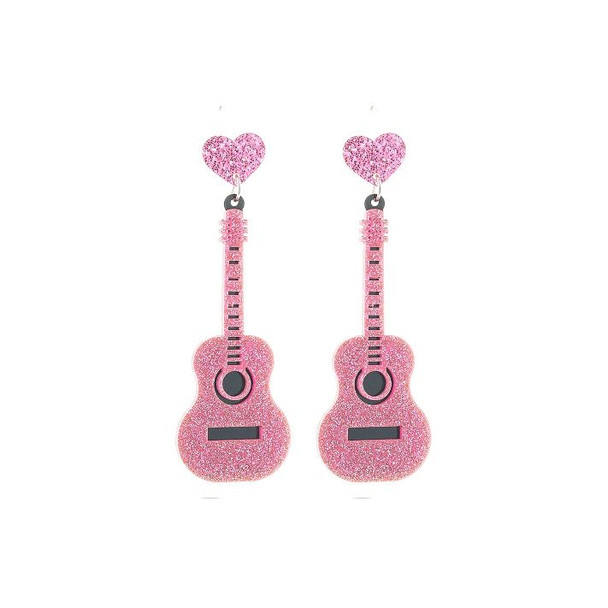 Pink Glitter Acoustic Guitar Dangle Earrings - 28321RO-R