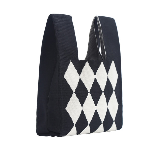 Mini Black Argyle Pattern Knit Tote Bag -KTBG11