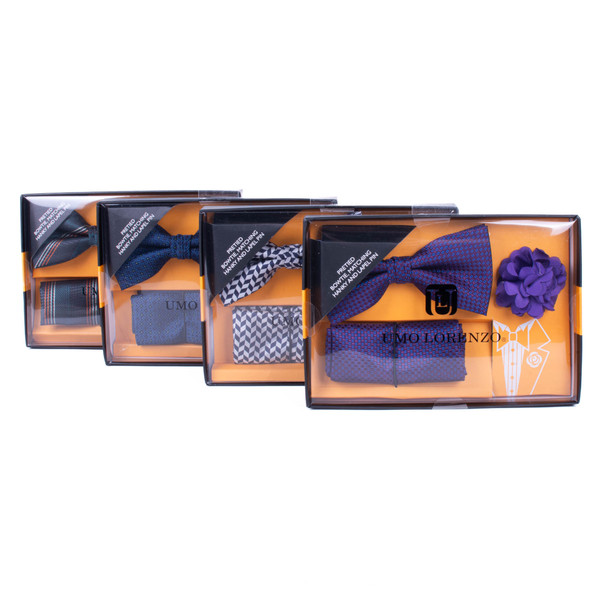 24PCS MEN'S BANDED BOW TIE & HANKY WITH LAPEL PIN (BOXED) -BTHLB3000-FW
