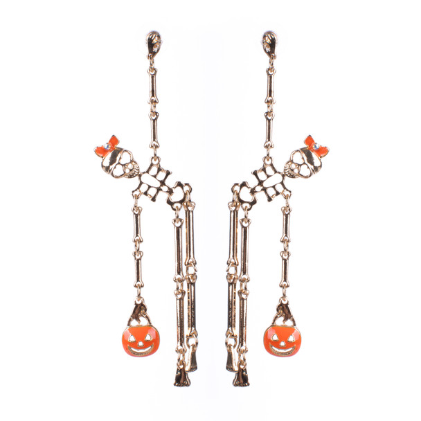 Dangle Gold Metal Skull with Pumpkin Earrings - 23715H-G