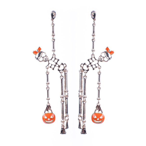 Dangle Silver Metal Skull with Pumpkin Earrings - 23715H-S