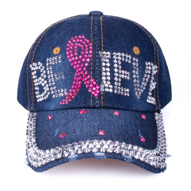 Believe Breast Cancer Awareness Denim Crystal Bling Cap-CP9620