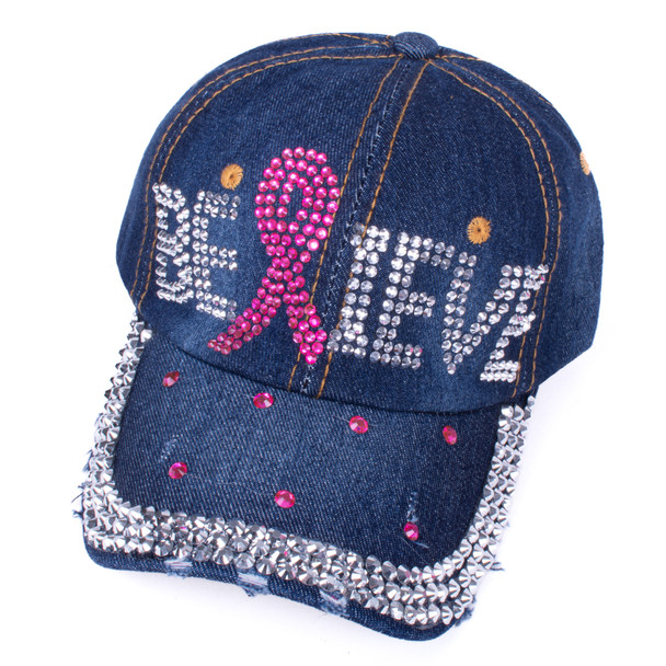 Believe Breast Cancer Awareness Denim Crystal Bling Cap-CP9620