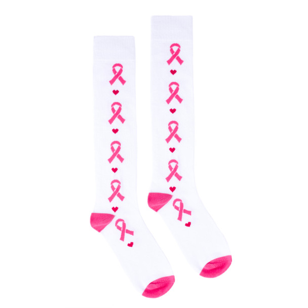 Ladies Knee High Breast Cancer Awareness Ribbon Socks-LNVS2004-WHT